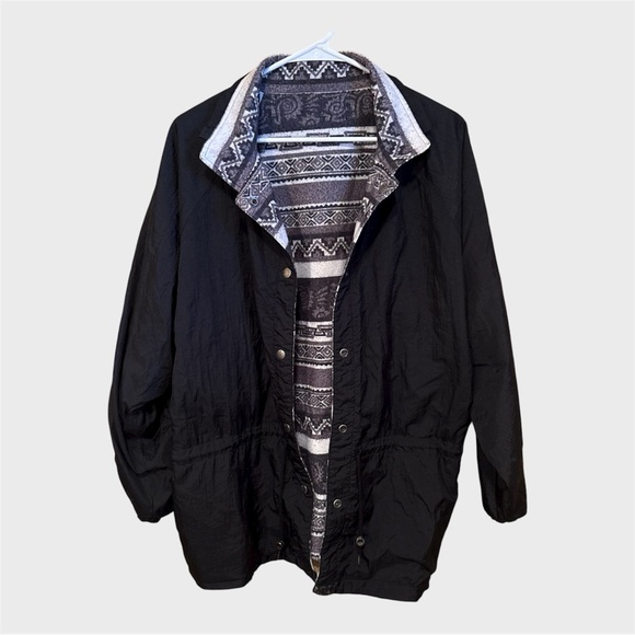 Vintage Black Reversible Jacket Windbreaker Coat Unisex Medium Aztec Fleece 90s - Picture 5 of 13